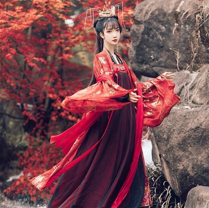 ギフト 豪華漢服 刺繍中国古代宮廷衣装 貴妃皇后女王変装 華流コスプレ舞台衣装 古典チャイナドレス 超美しい中華服 チャイナ風ステージ撮影衣装 赤黒系