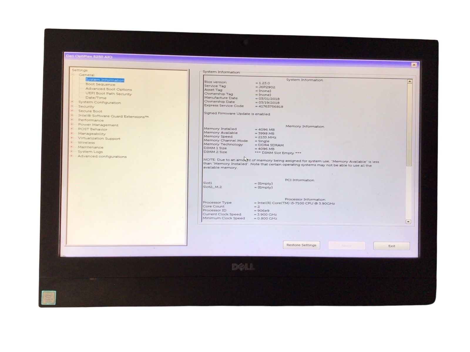 DELL OptiPlex 5250 AIO| CPU CORE i3-7100U| メモリ4096MB|ストレージ無し番号E18