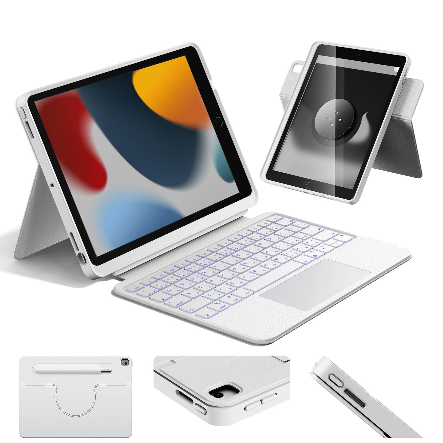 iPad Air3|Pro iPad 縦向き|横向きモード 回転 着脱 薄型軽量 7色バックライト マルチタッチトラックパッド搭載 10.5 2017 兼用 2019年 第7世代 - - 2020年 第8世代 2021年 ホワイ
