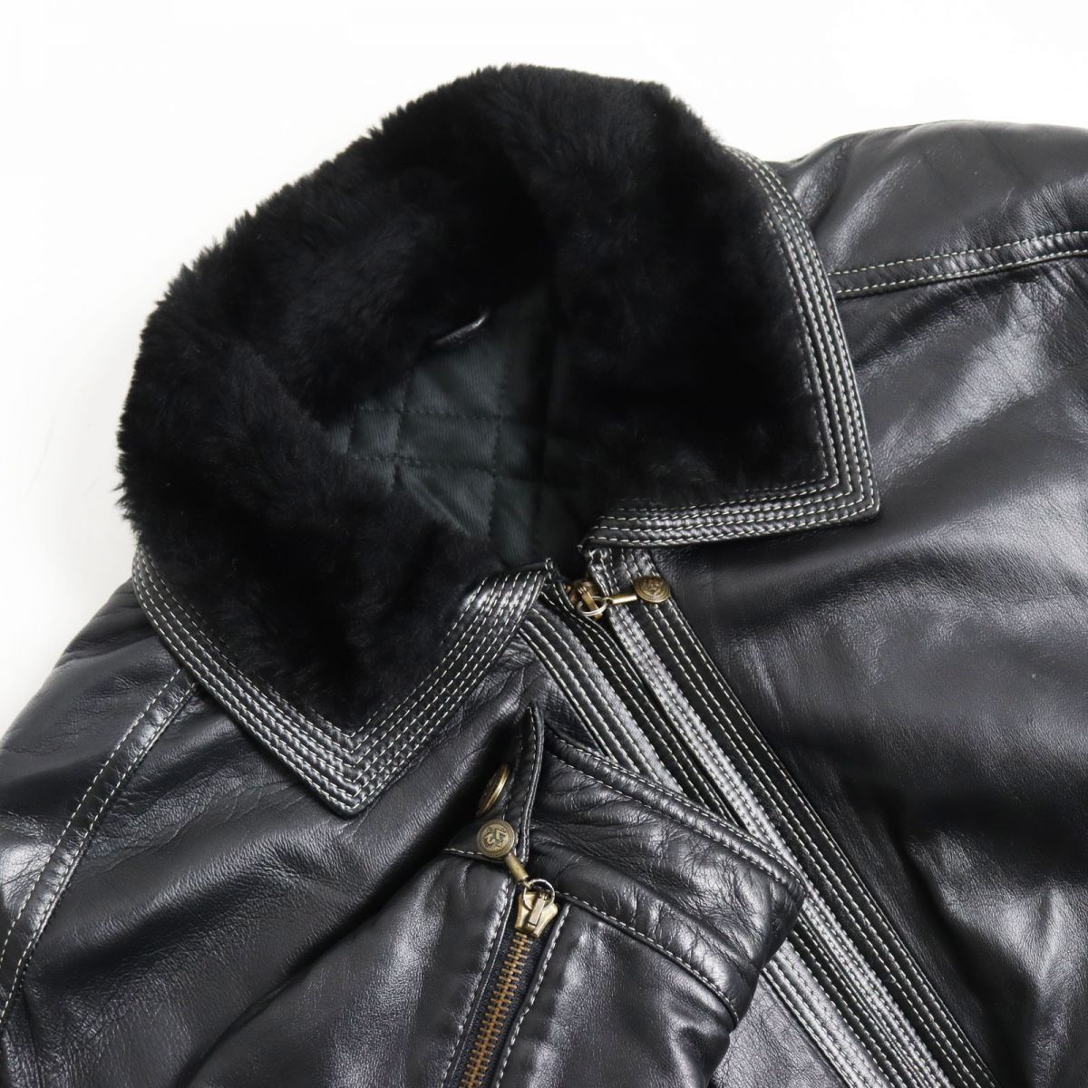 美品○V2 BY VERSACE ヴェルサーチ レザー 襟ファー付き ブルゾン 