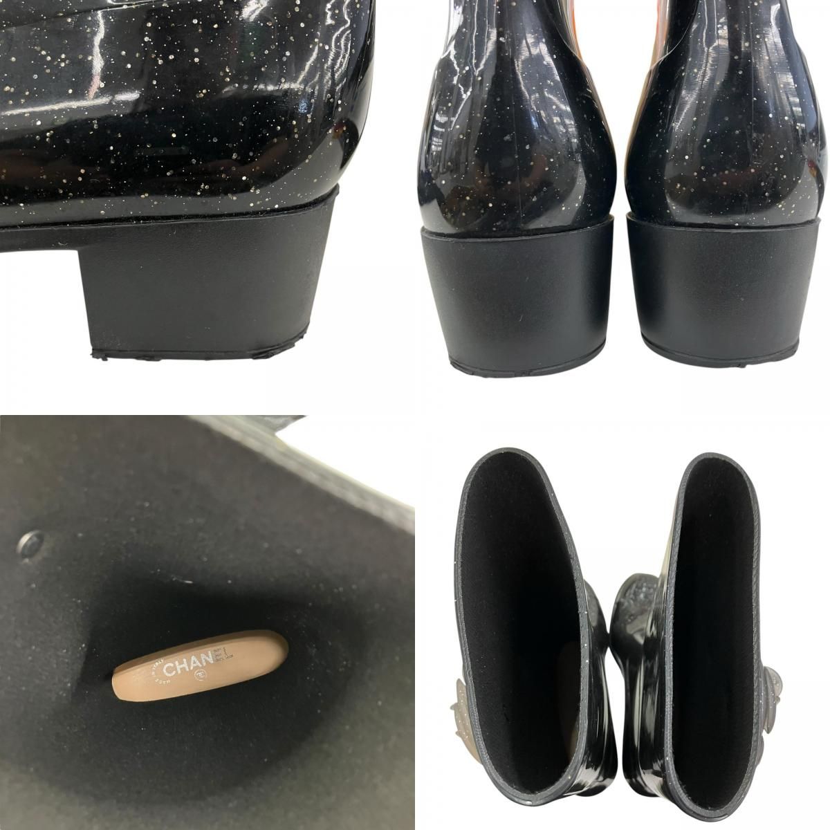 186005 現状品 CHANEL シャネル CHANEL 収納袋付き ︎ レインブーツ CHANEL 36 23cm ブラックラメ エナメル レディース KIN-KAAI_COM
