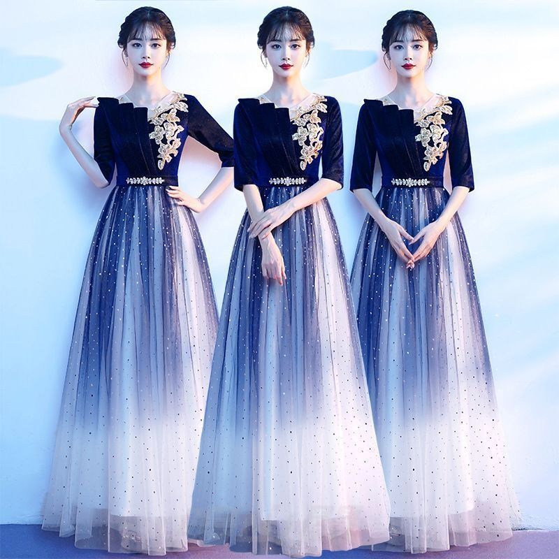 レディース ロングドレス 宝藍グラデーション 方ネック 半袖 舞台 演出 発表会WPまとめ買い割引103