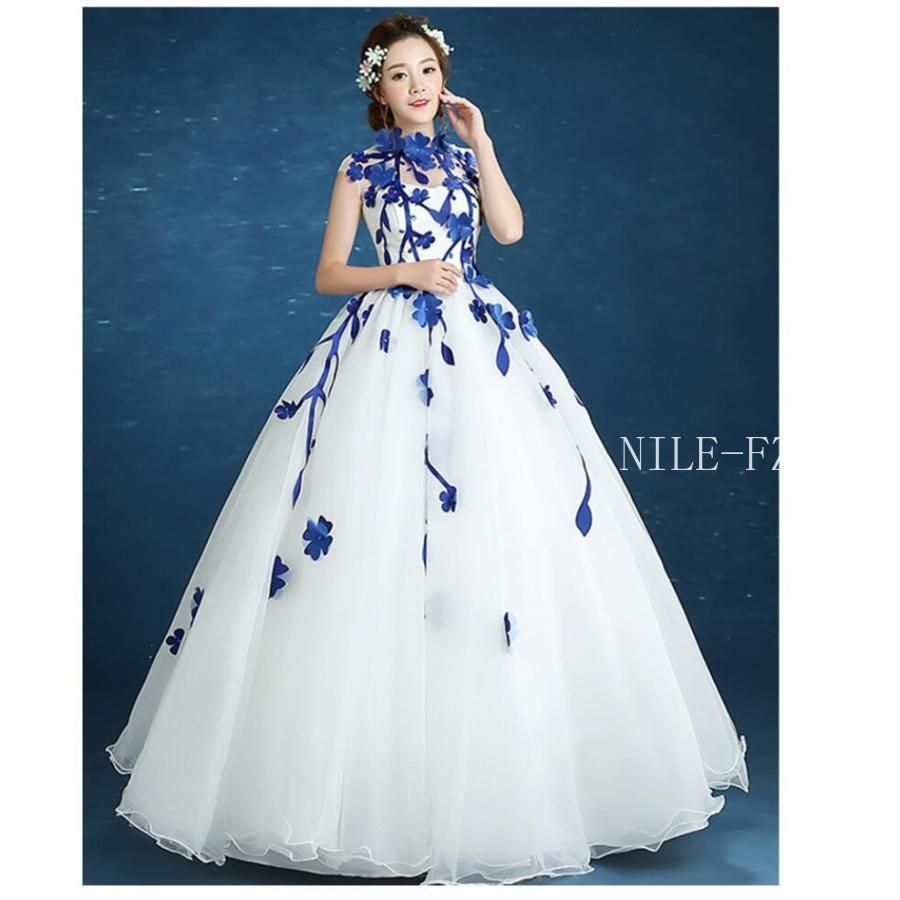 立ち襟 ドレス パーディードレス ロングドレス オフショルダー 二次会 Aラインワンピ 花嫁 ブライダルドレス 結婚式 披露宴