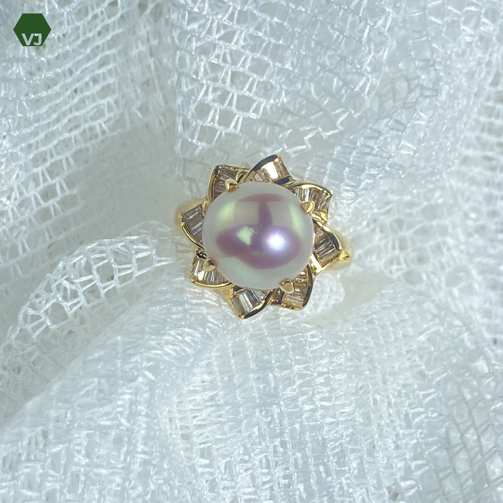 17-23】パール ダイヤモンド リング D0.4ct【中古】【K18YG】【11号 