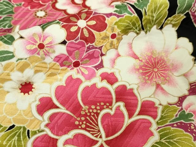 平和屋本店■極上　振袖　鬘帯吉祥花文　黒地　金彩　逸品　DZAA5741kh5 平和屋本店□極上 振袖 鬘帯吉祥花文 黒地 金彩 逸品 DZAA5741kh5