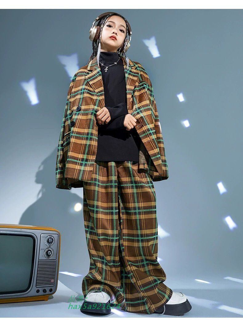 キッズダンス衣装セットアップ ヒップホップ衣装 チェック柄 ジャケット パンツ ブラウン 韓国 K-POP hax5a921624