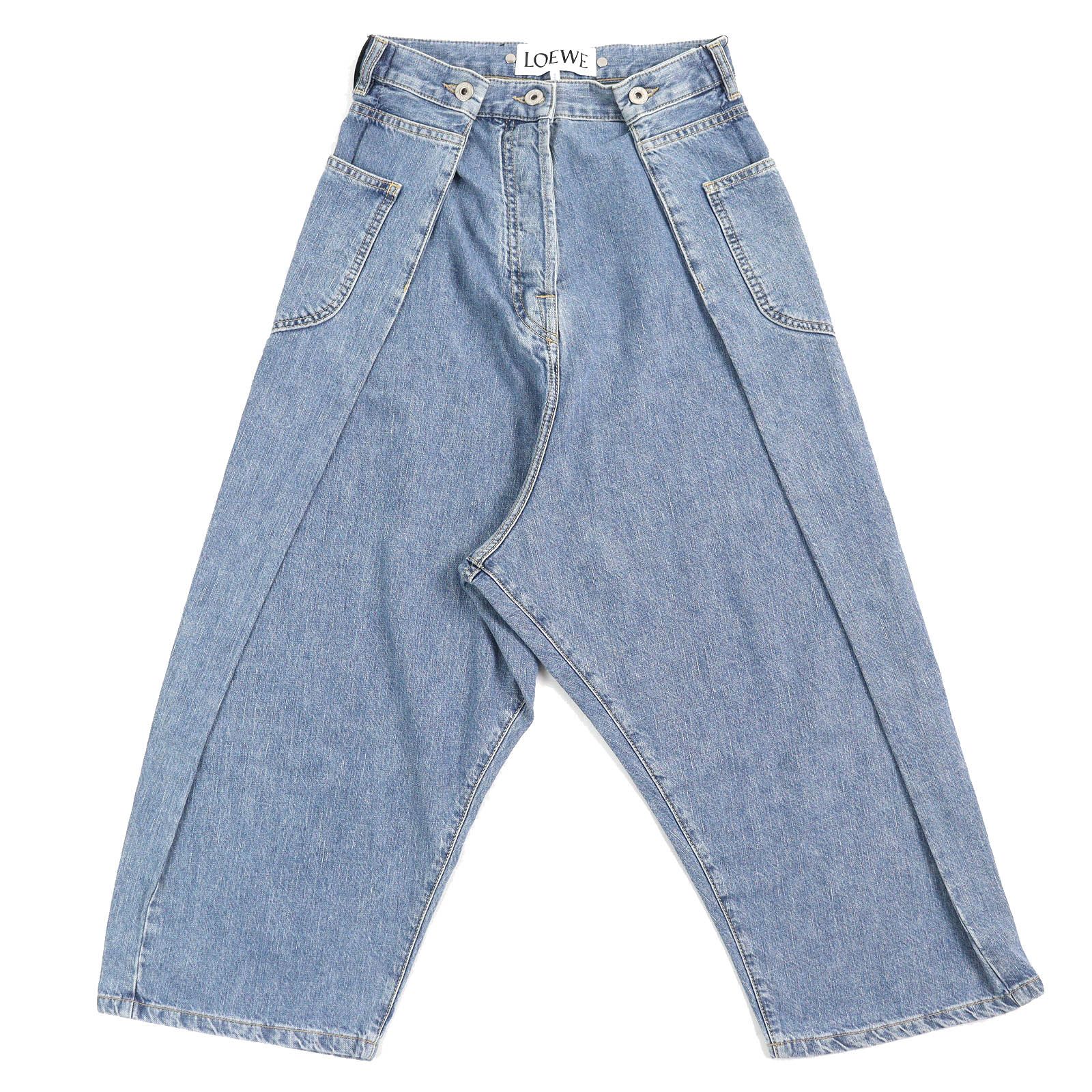 未使用品△LOEWE ロエベ D2292310IB ロゴレザーパッチ ボタンフライ サイドポケット クロップド ワイドレッグ デニムパンツ 32 正規品 未使用品△LOEWE ロエベ D2292310IB コットン100％ ロゴレザーパッチ