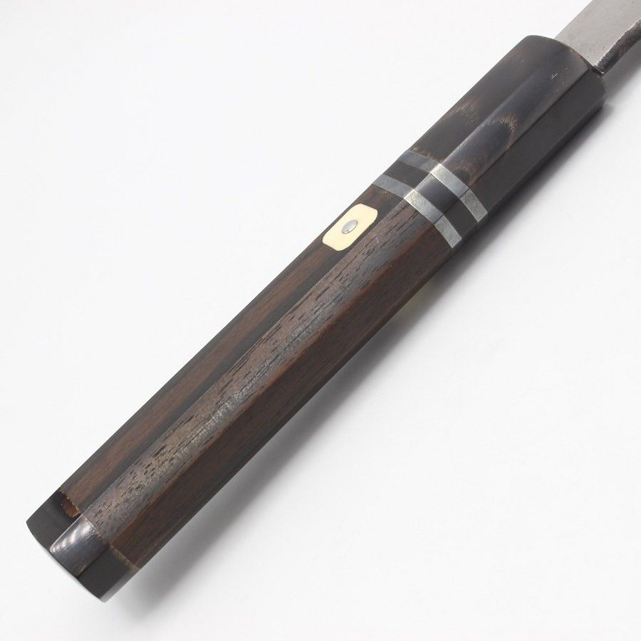 刃匠 一竿子忠綱 水本焼 波紋あり 鎌形薄刃包丁 八寸 銀巻 目釘 八角黒檀柄 黒檀鞘付き 刃渡り約240mm 和包丁