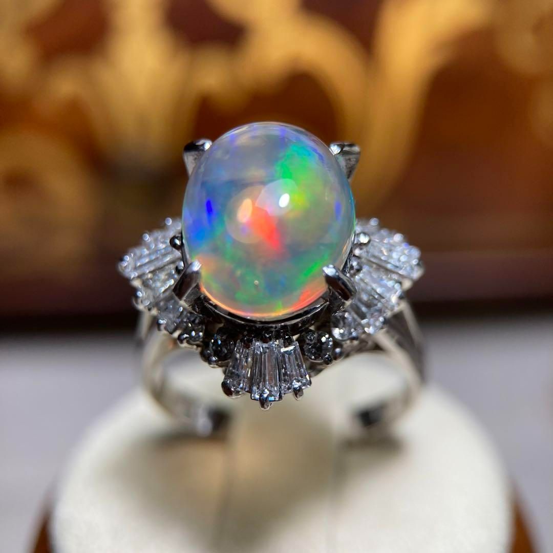 pt900 陽刻 天然メキシコ産 ウォーターオパール 4.75ct ダイヤモンド 1.03ct ヴィンテージリング 指輪