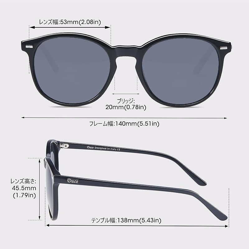 DUCO] サングラス レディース uvカット 丸サングラス ブラック