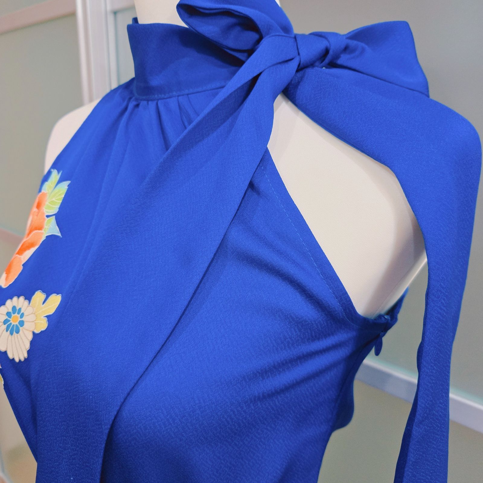 着物リメイクドレス✨ネックリボン付き✨花模様✨ハンドメイド一✨pr25 
