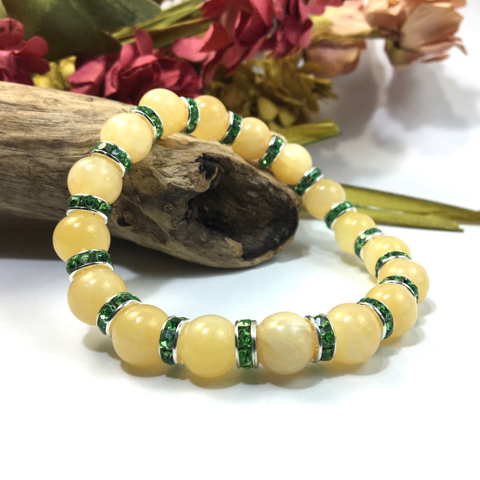 パワーストーン　ブレスレット　アラゴナイト　10mm 天然石ブレス 開運　浄化　数珠ブレス メンズ　レディース 10mmアラゴナイトと水晶の天然石ブレスレット（内周16cm、ゴム紐