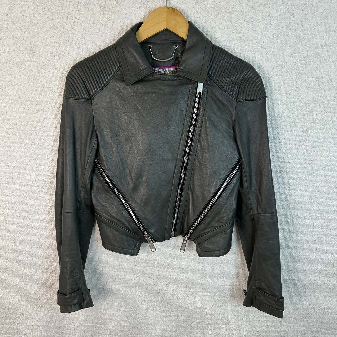 ダブルライダースジャケット レザージャケット アシンメトリージップ チャコールグレー Sサイズ レディース 古着 モード Y2K