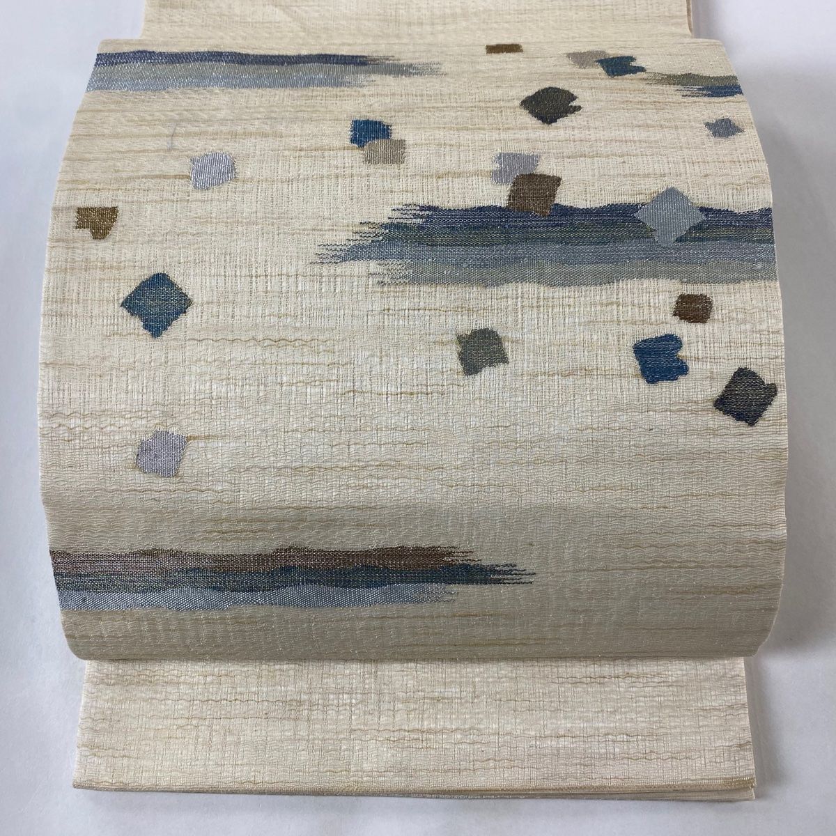 ☆刺繍 六通 白地の袋帯 袋帯 名品 夏帯 斜め格子 縞 銀糸 灰 ☆刺繍 六通 白地の袋帯 袋帯 名品 夏帯 斜め格子 縞 銀糸 灰