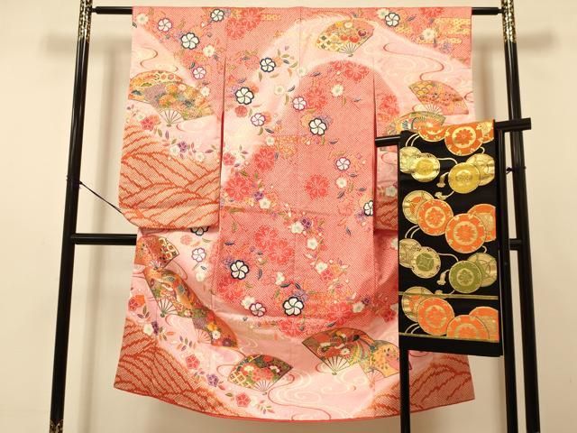 平和屋着物 七五三 女の子 ７歳 祝着 四つ身 袋帯セット 扇面鳳凰花文 暈し染め 金彩 DAAS9152ma