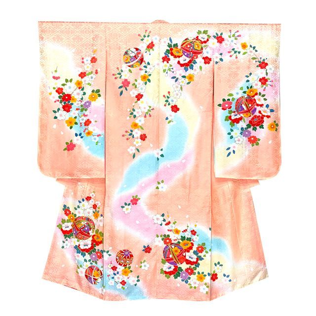 七五三 着物 7歳 セット 正絹 絵羽柄 正絹 手描き ぼかし染め 四つ身着物と結び帯 コーデセット オレンジ系 鞠と牡丹 IYS974i28-638GZ WWW_OLIVIERBERNSTEIN_COM