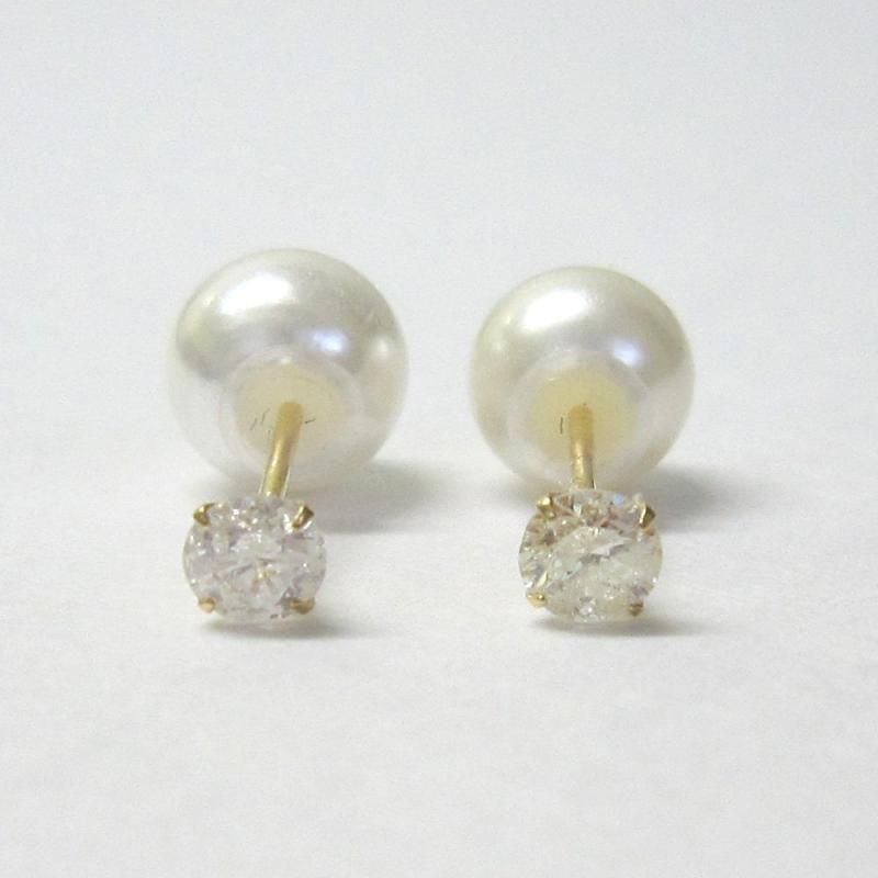 3wayピアス 14kgf ダイヤモンド 0.15ct -amp-淡水パールキャッチ 約6mm スタッドピアス リバーシブルタイプ ケース シリコンキャッチ付き
