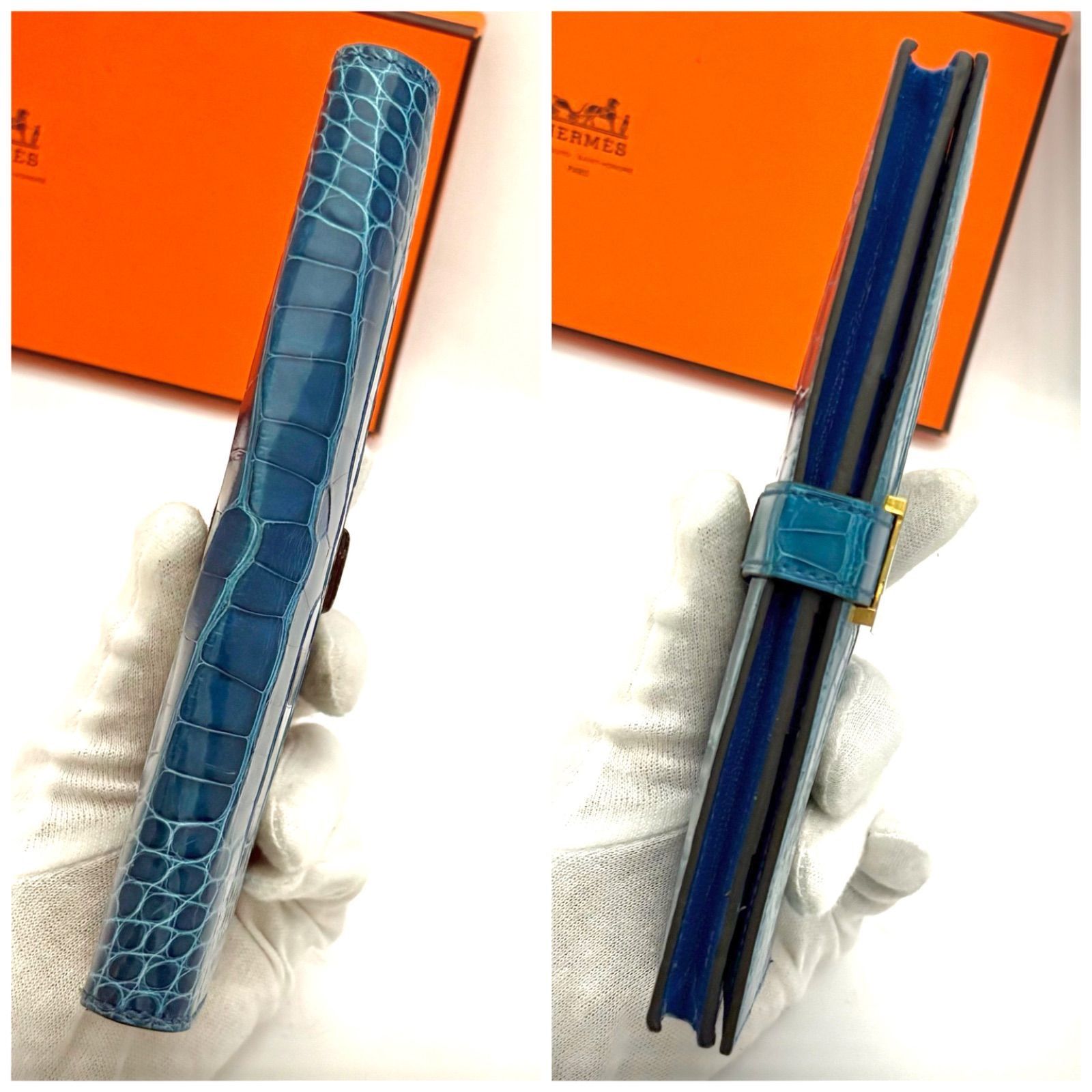 ✨海外輸入品✨値下げ不可⚠️HERMES エルメス べアン デュプリ 三つ折り 美品】HERMES べアンデュプリ ブルー □G刻印 長財布 三つ折り