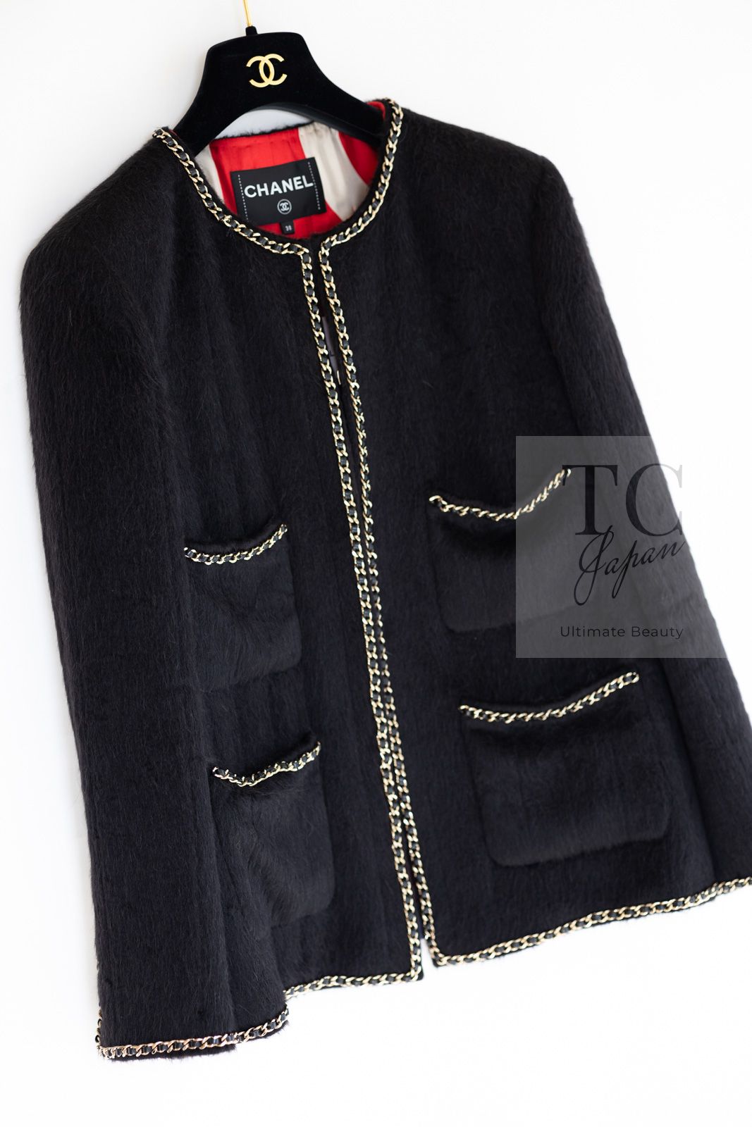 CHANEL - シャネル ジャケット CHANEL ブラック ラマ ウール チェーン トリミング カール・ラガーフェルド作品 超美品 38 40 貴重レア CHANEL - シャネル ジャケット CHANEL ブラック ラマ ウール