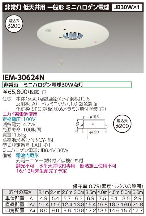 埋込非常灯電池内蔵低天井用 IEM-30624N - その他