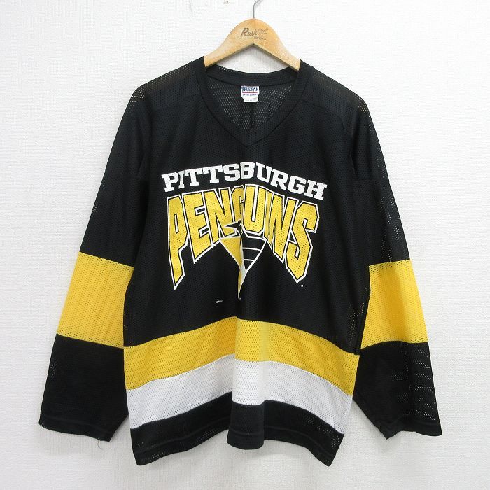 XL/古着 長袖 ビンテージ Tシャツ アイスホッケー ジャージ メンズ 90s NHL ピッツバーグペンギンズ 大きいサイズ メッシュ地 Vネック 黒他