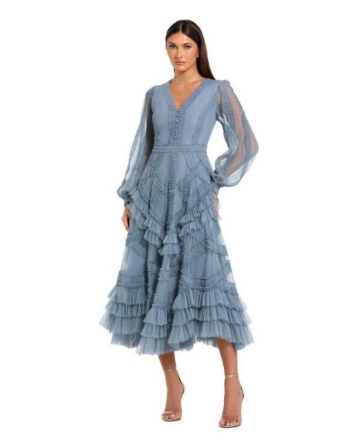 送料無料 マックダガル レディース ワンピース トップス Women s Long Sleeve V Neck Mesh Micro Ruffle Midi Dress Slate blue