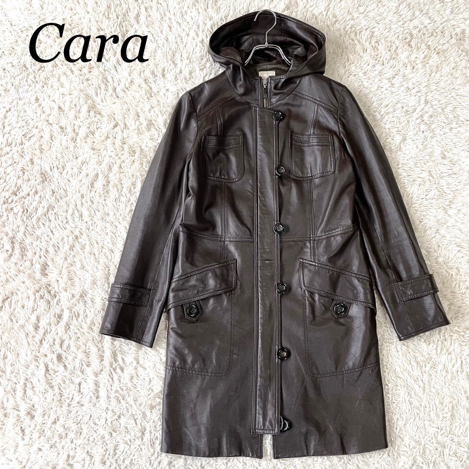 Cara カーラ ラムレザー 羊革 ロングコート フード ダブルジップ ダークブラウン 濃茶 大きめサイズ XL ディノス