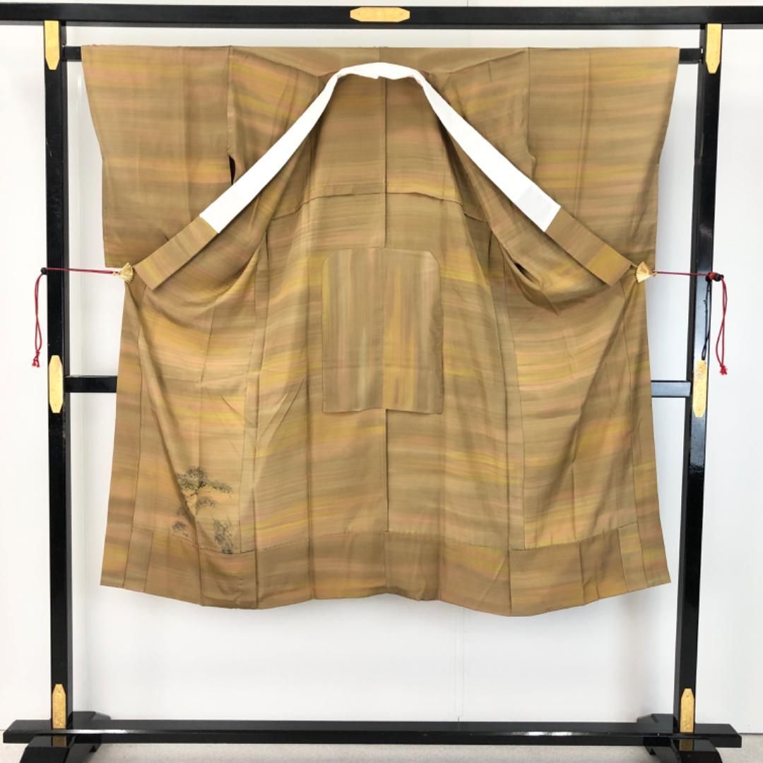 長襦袢 単衣 墨描き 松 桑染色 暈し 半衿付 J-341