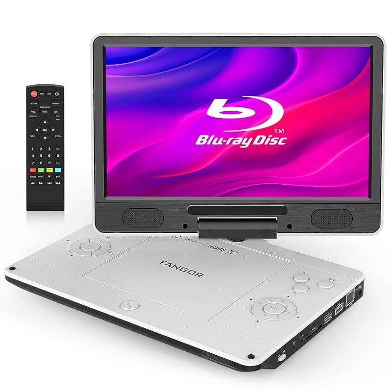 FANGOR ポータブルブルーレイプレーヤー 12型 HDMI出力対応 高精細11.4インチ 270度回転TFT液晶 CPRM 3時間連続再生 バッテリー内蔵 車載 日本語取扱説明書 ホワイト