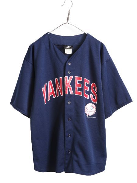 【お得なクーポン配布中!】 MLB ロゴ アスレチック ヤンキース ベースボール シャツ メンズ L 古着 ユニフォーム ゲームシャツ メジャーリーグ 半袖シャツ 大リーグ 紺