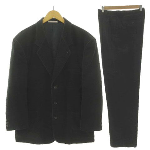 パパス Papas コーデュロイ セットアップ スーツ ジャケット テーラード ロゴ刺繍 シングル 3B パンツ タック コットン チャコールグレー系 L XL