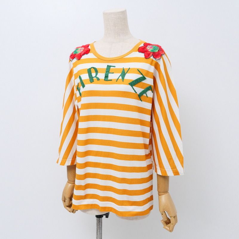 DOLCE-GABBANA ドルチェアンドガッバーナ カットソー サイズ38 フラワー ビーズ ロゴ装飾 Tシャツ ボーダー イタリア製 ブランド古着 20250617 RA0117