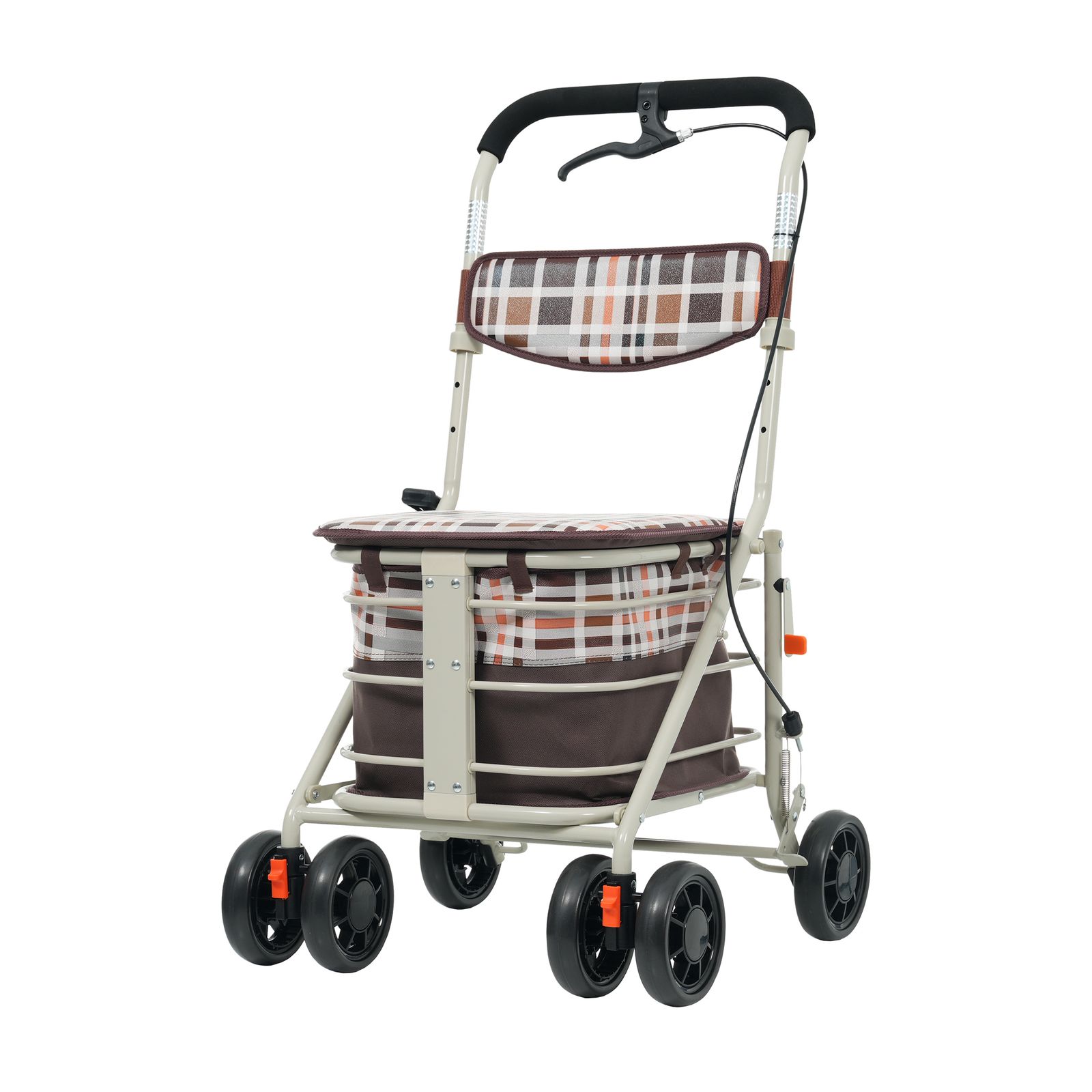 22 割 歩行器 歩行車 シルバーカー キャスター 室外用 高さ調整 折りたたみ 座面付き 四輪 キャスター付き おしゃれ 座れる 散歩 シニア 歩行補助 買い物 ショッピングカー 大容量 老人車 手押し車 介護 高齢者 ブラウンチェック柄