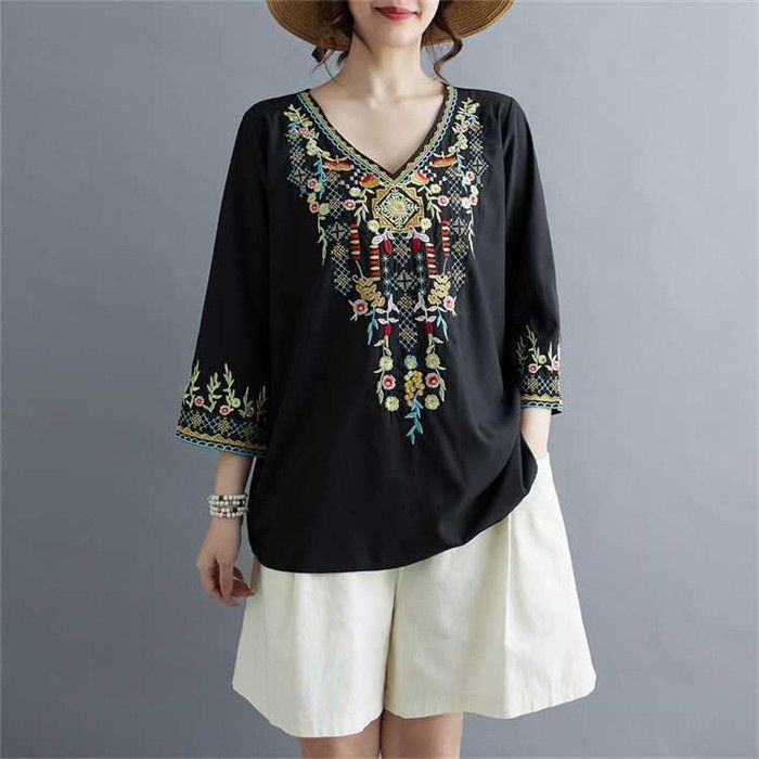 花柄刺 チュニック 夏 レディース 七分袖 ブラウス トップス プルオーバー Vネック Tシャツ エスニック風 森ガール 大きいサイズ ゆったり 爽やか ナチュラル きれいめ リゾート 旅行 mansi 03