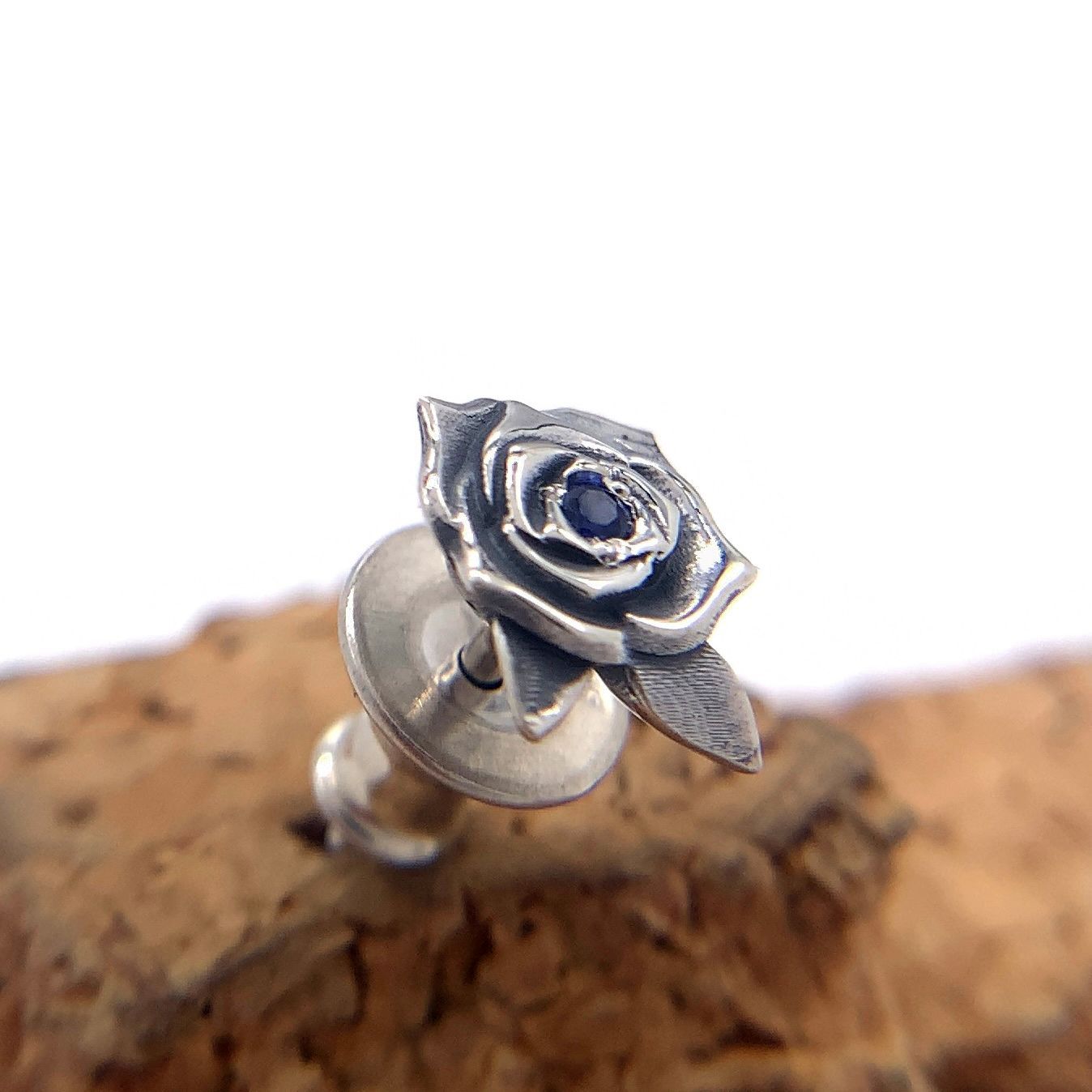 薔薇ピアス サファイア/シルバー925ピアス メンズ片耳ピアス