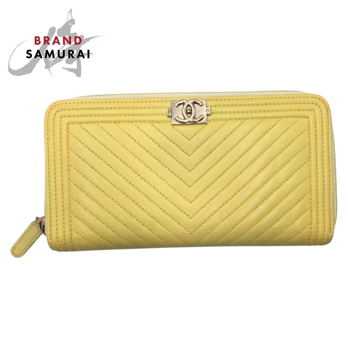 CHANEL シャネル Vステッチ ココマーク イエロー ゴールド金具 レザー 長財布 ロングウォレット ラウンドファスナー レディース 502279