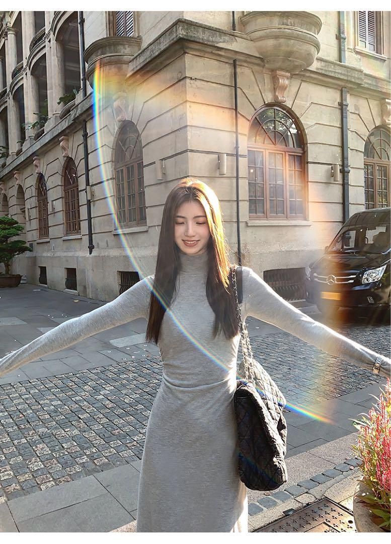 ニットスリムフィットAラインロングワンピース春の女子会デートにピッタリ