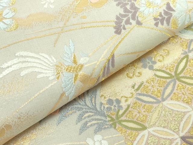 平和屋着物◎六通柄袋帯 扇面絵巻花鳥 金糸 正絹 逸品 DAAS7176xg