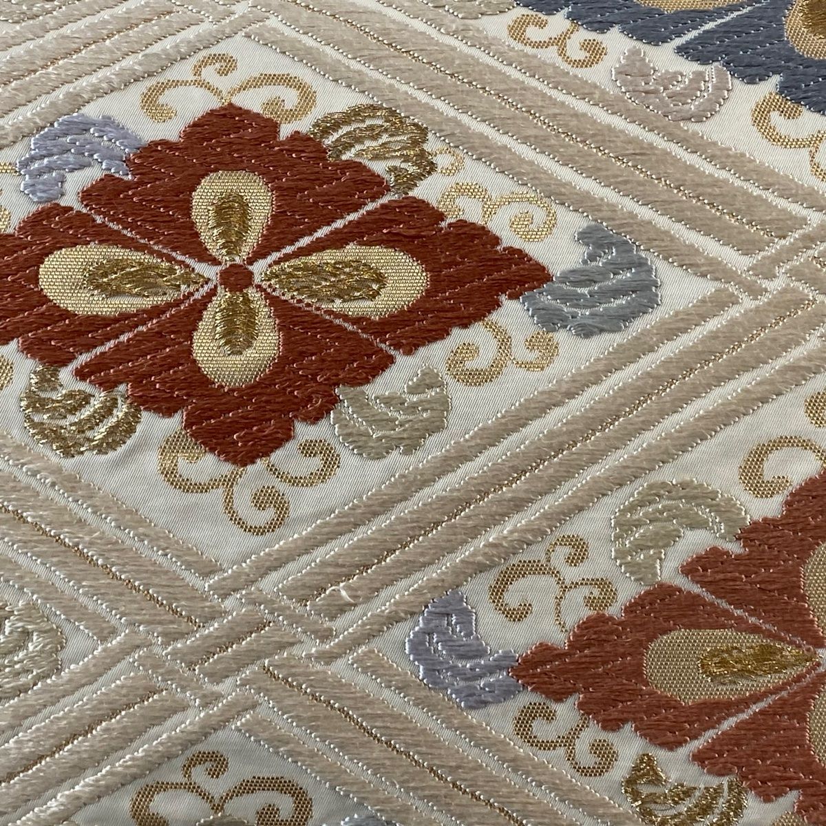 名古屋帯 秀品 花菱 菱 唐織 金糸 ベージュ 正絹