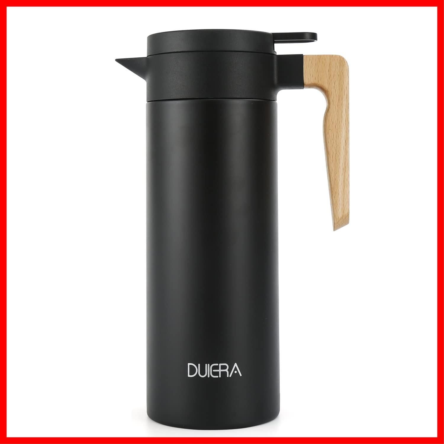 DUIERA1.5リットル魔法瓶ポット保温保冷ポット1500mlポットおしゃれなポットステンレスティーポット保冷ティーポット卓上ポット木製のハンドルと蓋付き、黒