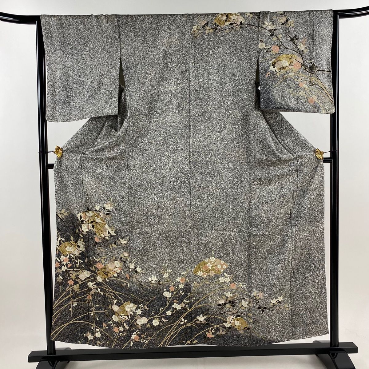 訪問着 身丈155cm 裄丈65.5cm M 袷 橘 菊 金彩 黒灰 正絹 秀品