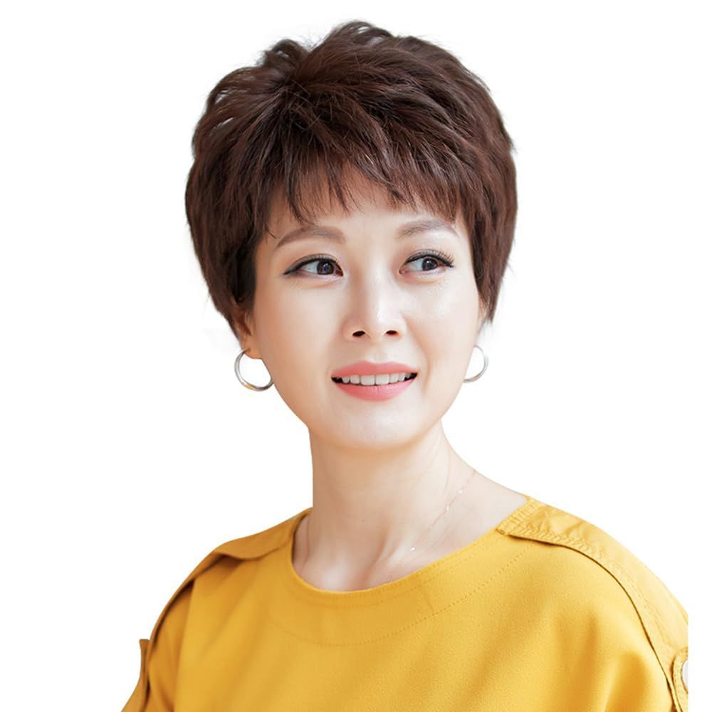 数量限定 おしゃれ 女性用 通気 医療用 脱毛用 自然 白髪隠し （ヘアネット 手植え 母のウィッグ ハハかつら 斜め前髪 付き 人毛100％ 女性 かつら フルウィッグ ） ショート 中高年 ウィッグ 