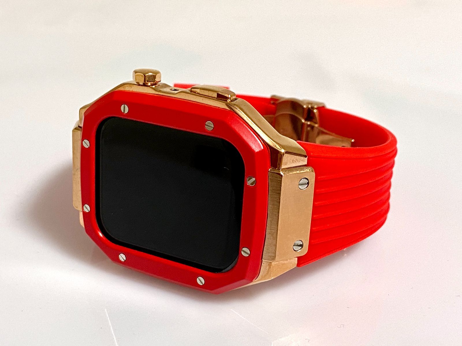 レッド アップルウォッチバンド ラバーベルト ステンレス カバー
