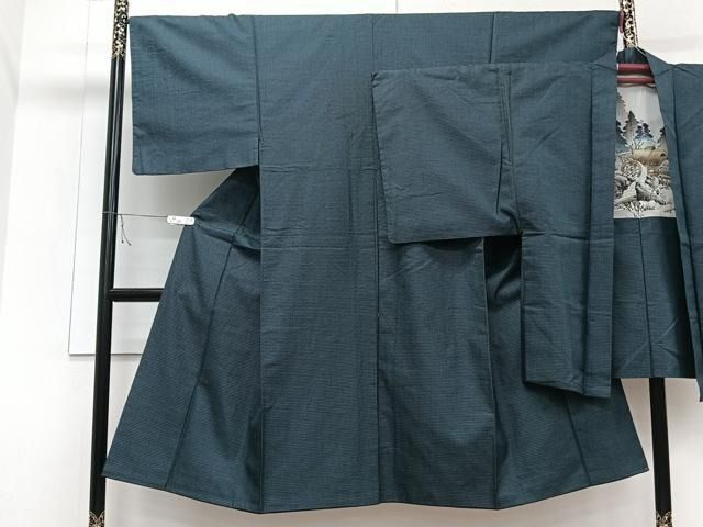 平和屋着物○男性 紬 アンサンブル 色無地 海松色 金彩 正絹 逸品