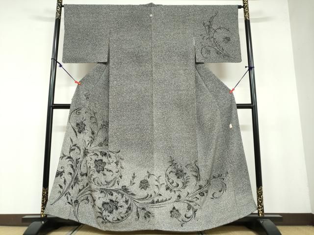 平和屋着物●二代目 川村久太郎　訪問着　更紗花唐草文　たたき染　黒地　正絹　逸品　DAAY5285ud 平和屋着物○二代目 川村久太郎 訪問着 更紗花唐草文 たたき染 黒地