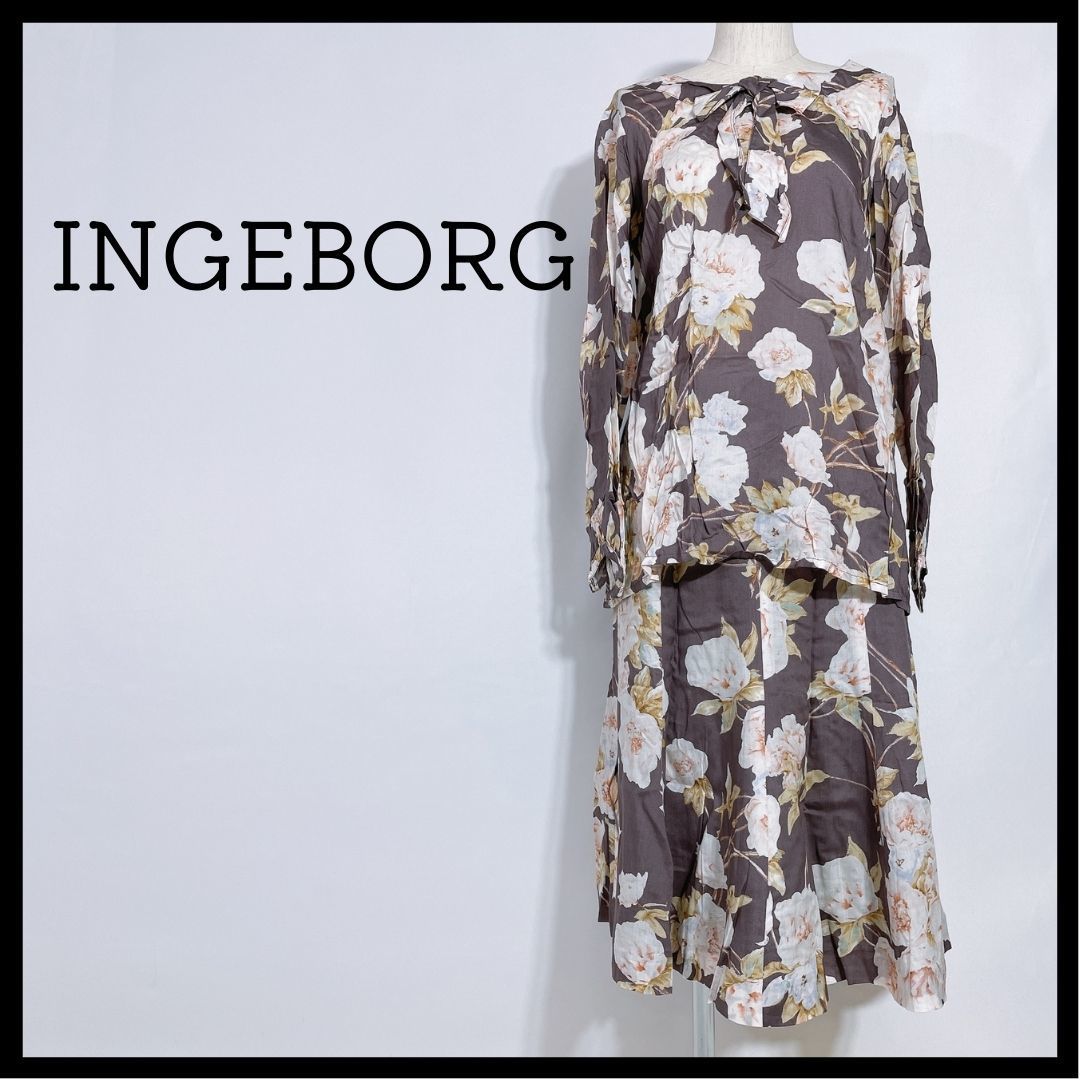 新品 レディースM INGEBORG セットアップ ブラウス スカート パープル バイオレット 紫 ベージュ 薄茶 ピンク インゲボルグ