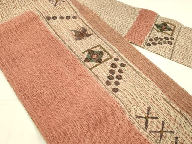 平和屋着物●全通柄九寸名古屋帯　バティック柄　菱繋ぎ抽象文様　綿　逸品　未使用　DAAV9110ob 平和屋着物○全通柄九寸名古屋帯 バティック柄 菱繋ぎ抽象