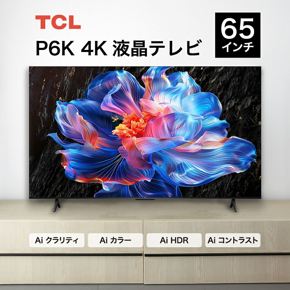 TCL P6Kシリーズ 65型 4K HDRテレビ 4KBS | CSチューナー内蔵 | Google TV搭載 | YouTube | ネットフリックス | Wi-Fi内蔵 | クロームキャスト機能内蔵 65P6K