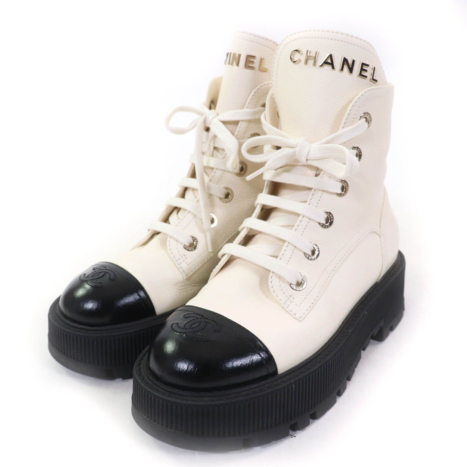 CHANEL シャネル ココマーク バイカラー ブーツ 37 CHANEL シャネル ブーツ ロング カメリア ココマーク付 黒