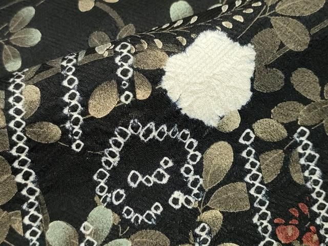 平和屋着物○訪問着 絞り 刺繍 舞蝶梅文 黒地 金彩 正絹 逸品